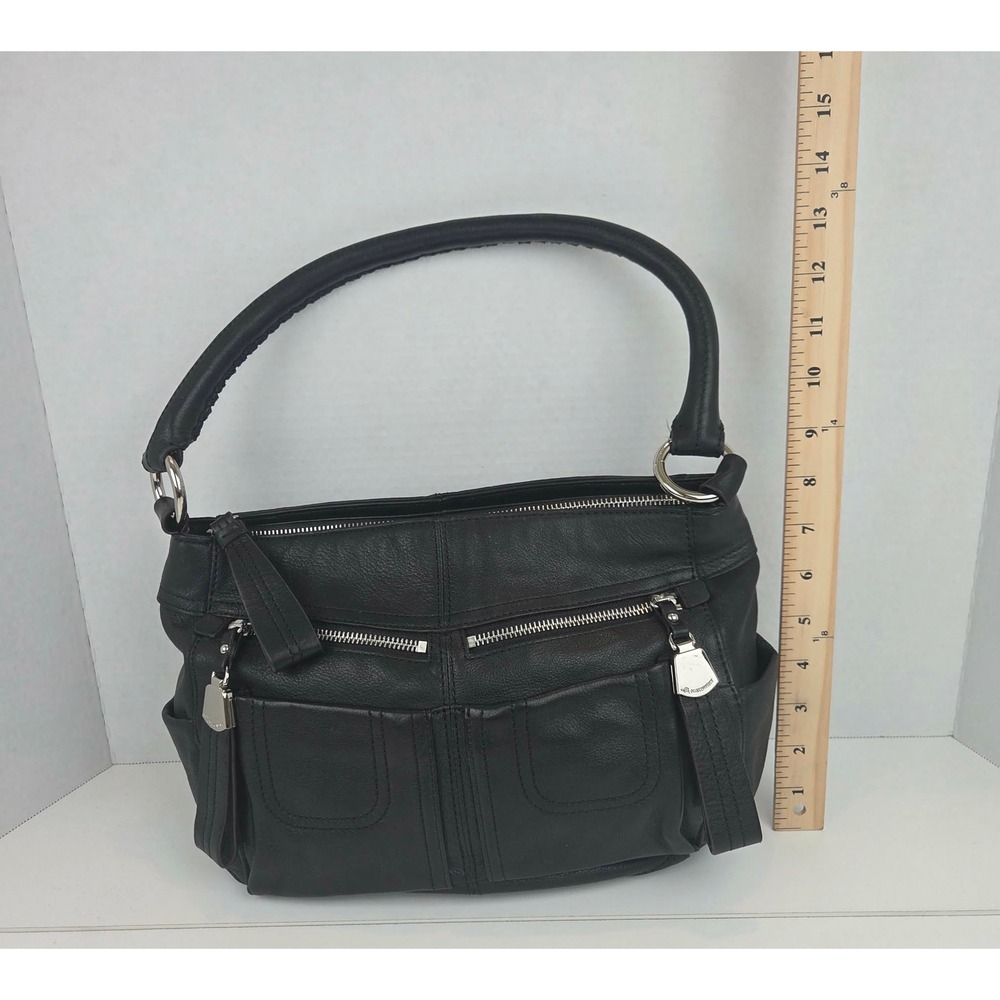 B. Makowsky Black Leather Hobo Shoulder Bag Leopard Print Lining - Picture 14 of 16